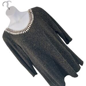NWOT! LA VANYA! FAB BLACK AND SILVER METALLIC STRETCH KNIT, JEWELED TUNIC! SZ 2X